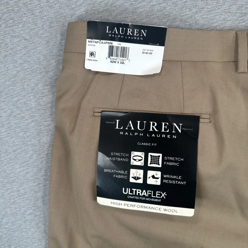 Lauren Ralph Lauren Dress Pants Mens 42x32 Tan UltraFlex Wool Blend Classic Fit